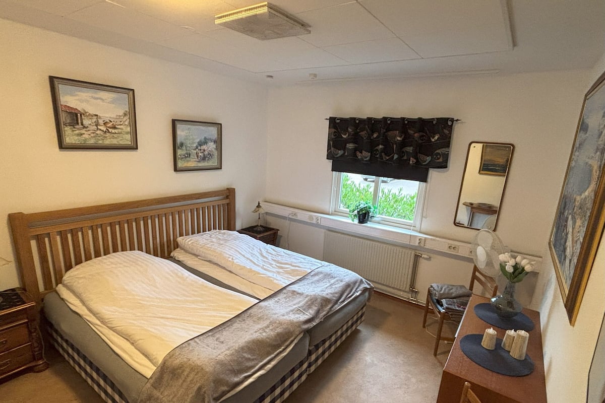 A bedroom with a double bed, a bedside table, a dresser, a window with curtains, and two wall-mounted paintings.