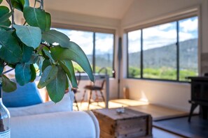 A modern living room with a large window, a plant, and a cozy seating area.
