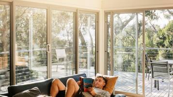 Smart TV, fireplace, books
