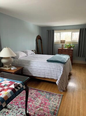 Cozy retreat with a large bed, nightstand, and dresser, plus a potted plant and colorful rug.