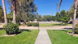 A pathway leading to a white fence, surrounded by grass and trees. - Beautiful peaceful quiet country living 

 (Holtville)