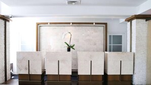 A reception area with marble counters, a potted plant, and a large window. - Hotel Noma Trademark Collection By Wyndham (New Rochelle)