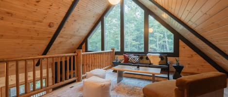 Smart TV, caminetto, libri, impianto stereo