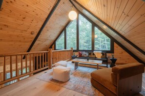 Smart TV, fireplace, books, stereo