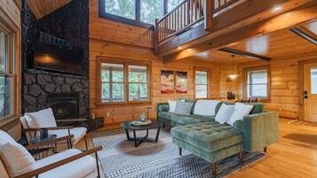 Smart TV, fireplace, books, stereo