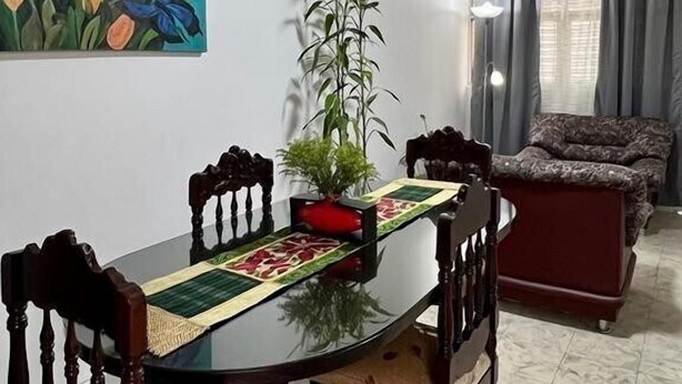 A dining area with a table, chairs, a painting, a plant, and a sofa. - Casa Nawi (Cali)