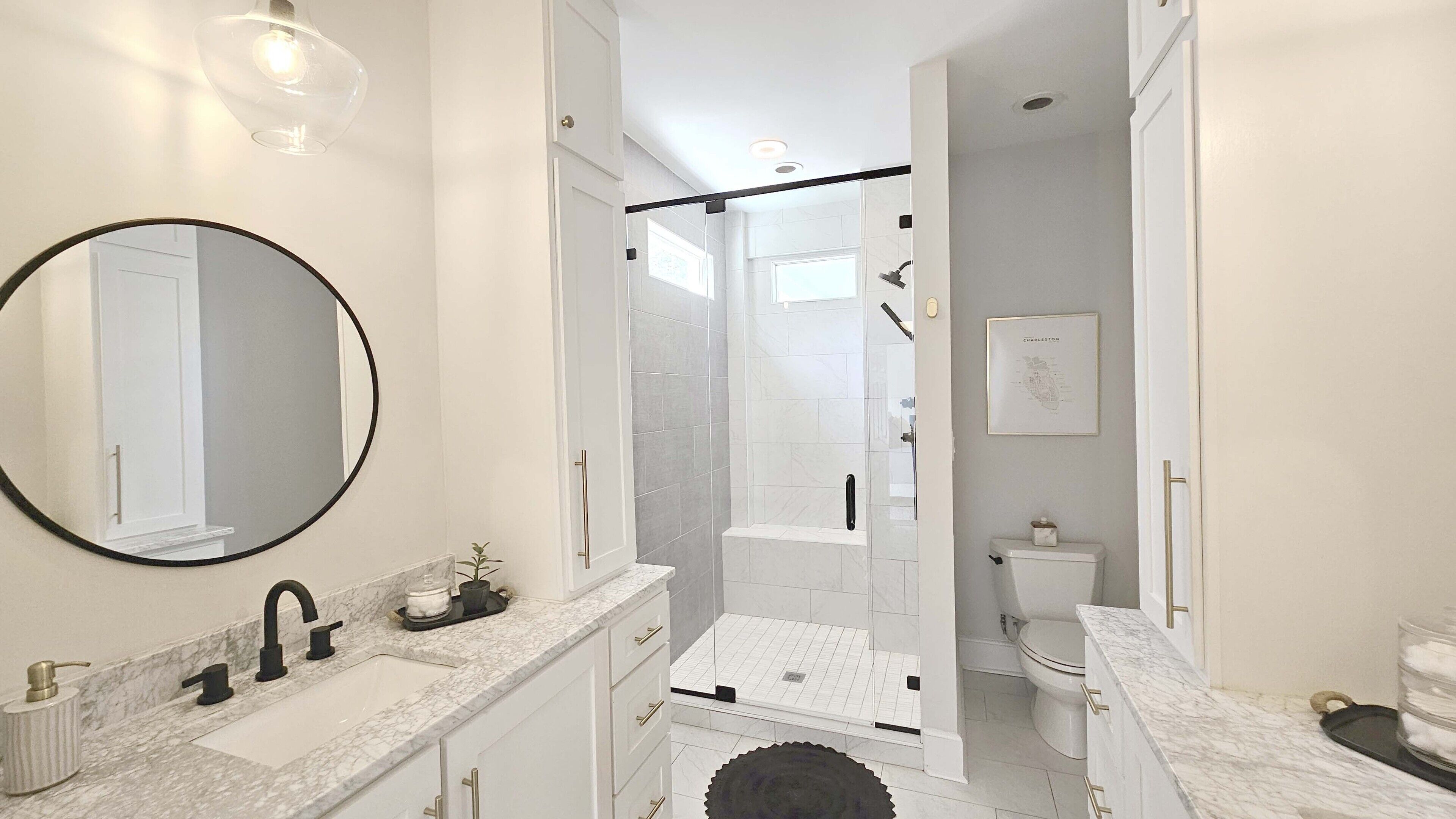 Shower, eco-friendly toiletries, hair dryer, towels