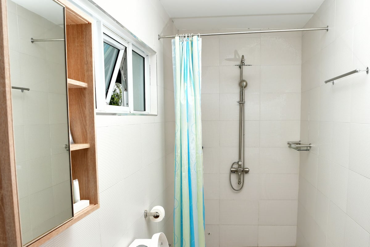 Shower, rainfall showerhead, designer toiletries, hair dryer