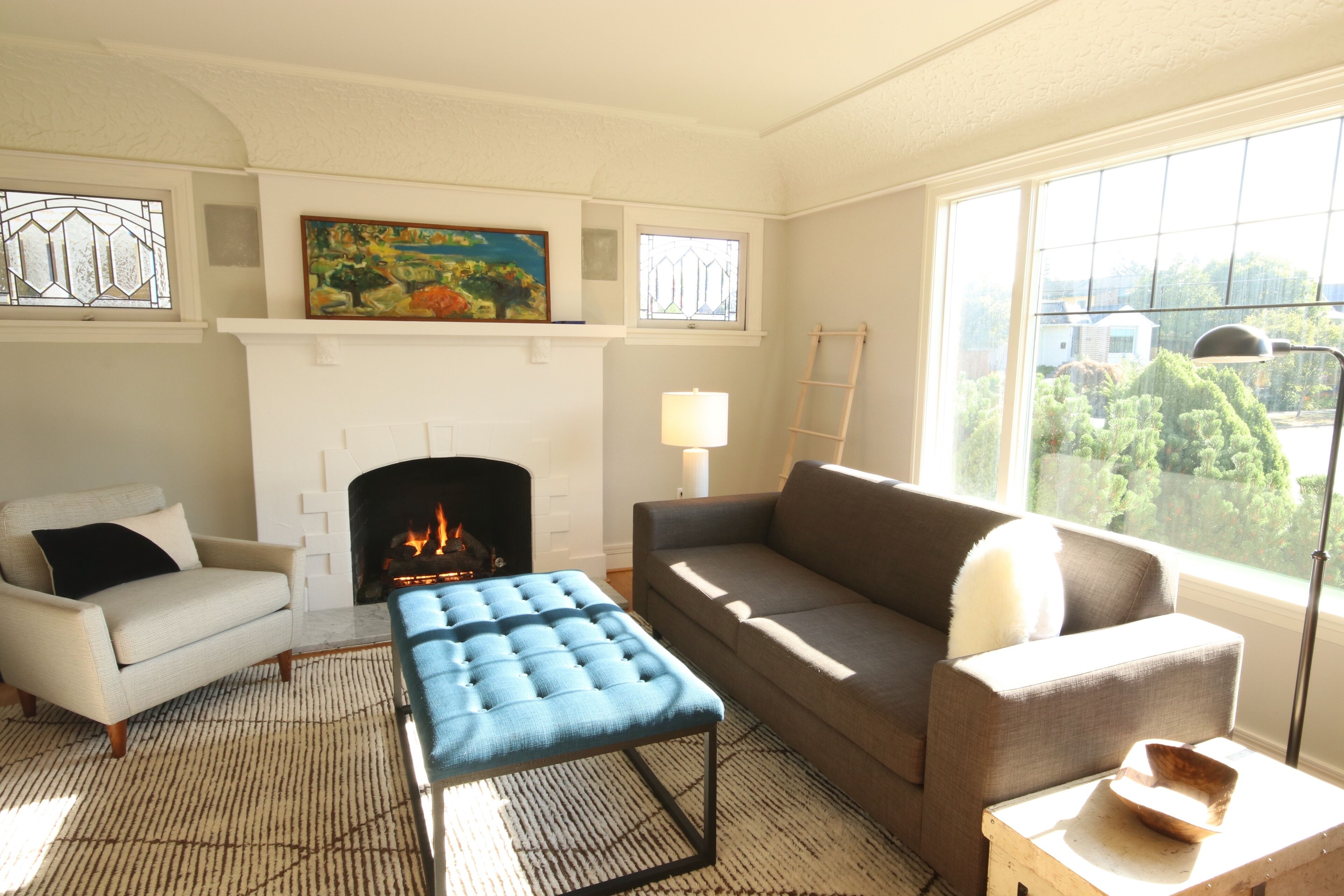 Smart TV, fireplace, books, stereo