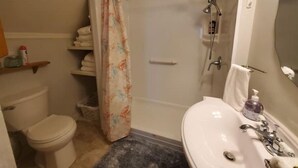 A bathroom with a toilet, shower, and sink. - Single level 3 bedroom, fenced yard, central air (Auburn)