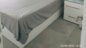 A bedroom with a bed, a ceiling fan, a bedside table, a nightstand, a wall-mounted mirror, and a painting.