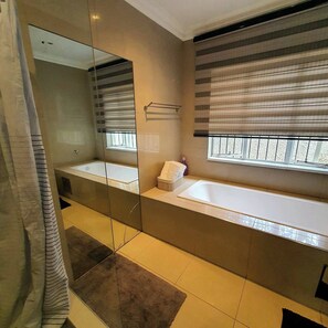 Hair dryer, towels, soap, toilet paper