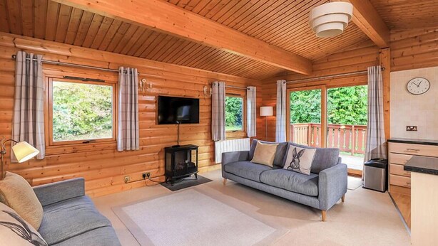 A cozy cabin interior with a sofa, a television, and a fireplace.
