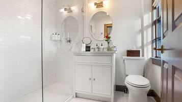 A modern bathroom with a glass shower enclosure, a white vanity with a mirror, and a toilet.