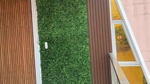 Ein Zimmer mit Deckenventilator, einer Wand aus grünem Kunstgrün, Holzverkleidung und einem Fenster mit Blick.