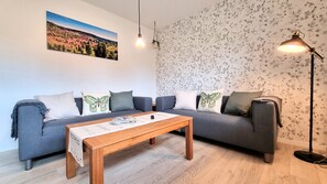 Smart TV, fireplace, DVD player, books