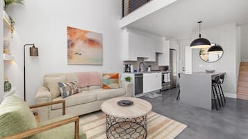 Smart TV, fireplace, books, offices