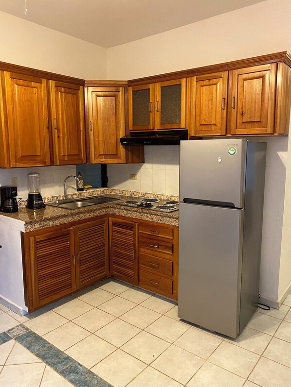 Compact kitchen with a classic design, featuring a refrigerator, oven, microwave, and sink.