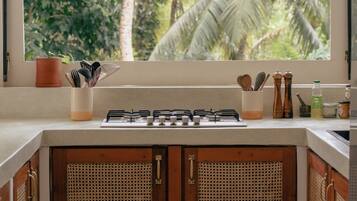 Fridge, stovetop, coffee/tea maker, electric kettle