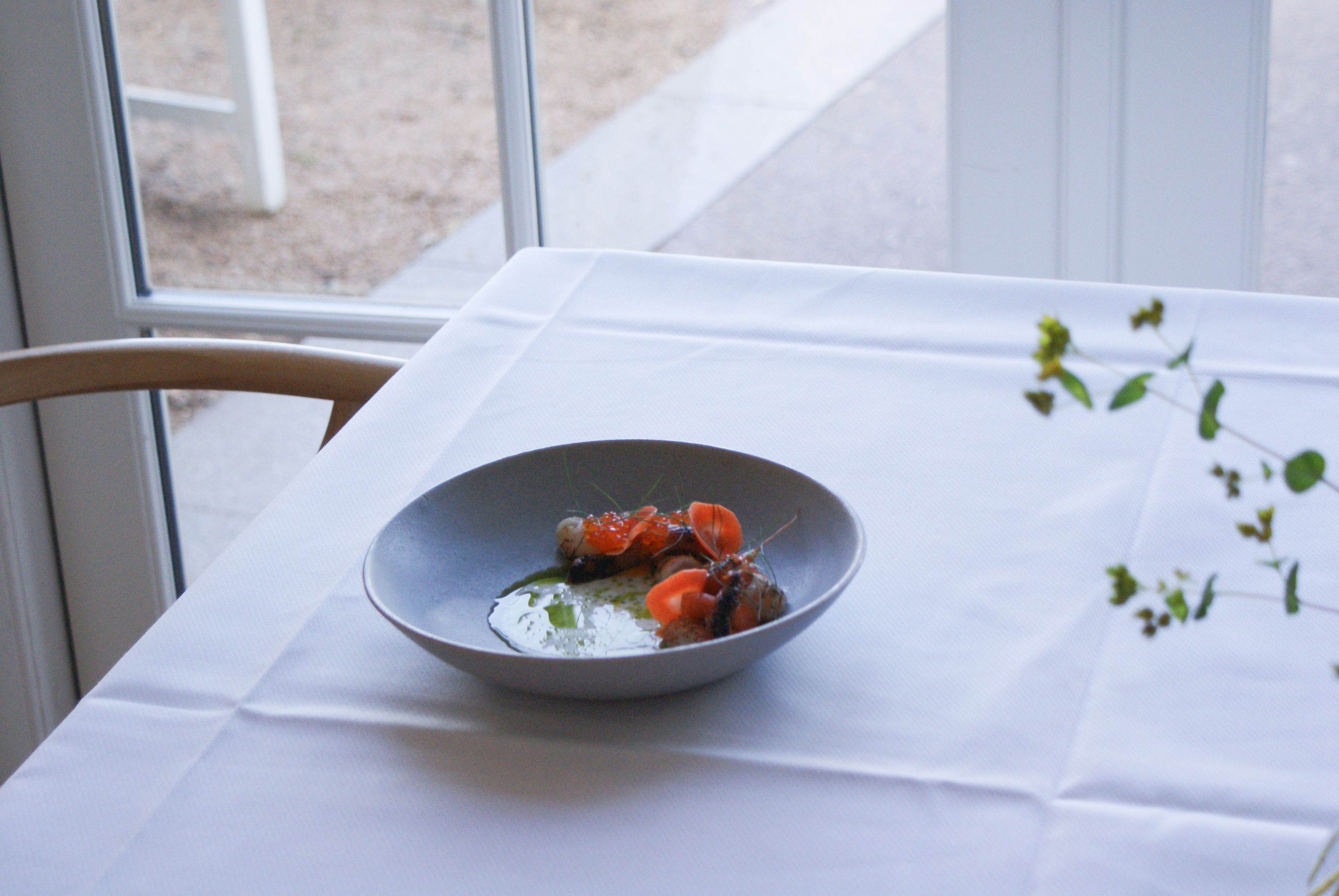 Une table avec un bol de nourriture, une chaise et une fenêtre.