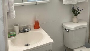 Ein Badezimmer mit einem weißen Waschbecken, Spiegel und Toilette. Handtücher hängen an einem Wäscheständer und ein Topfpflanze steht auf der Toilette.