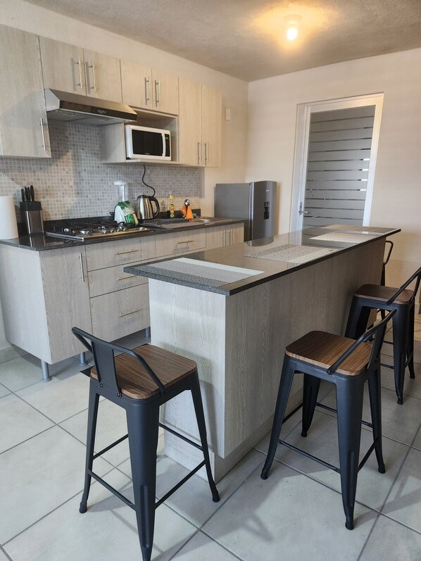 Fridge, microwave, oven, stovetop