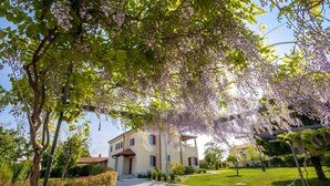 A residential building with a paved driveway and a well-maintained lawn.
