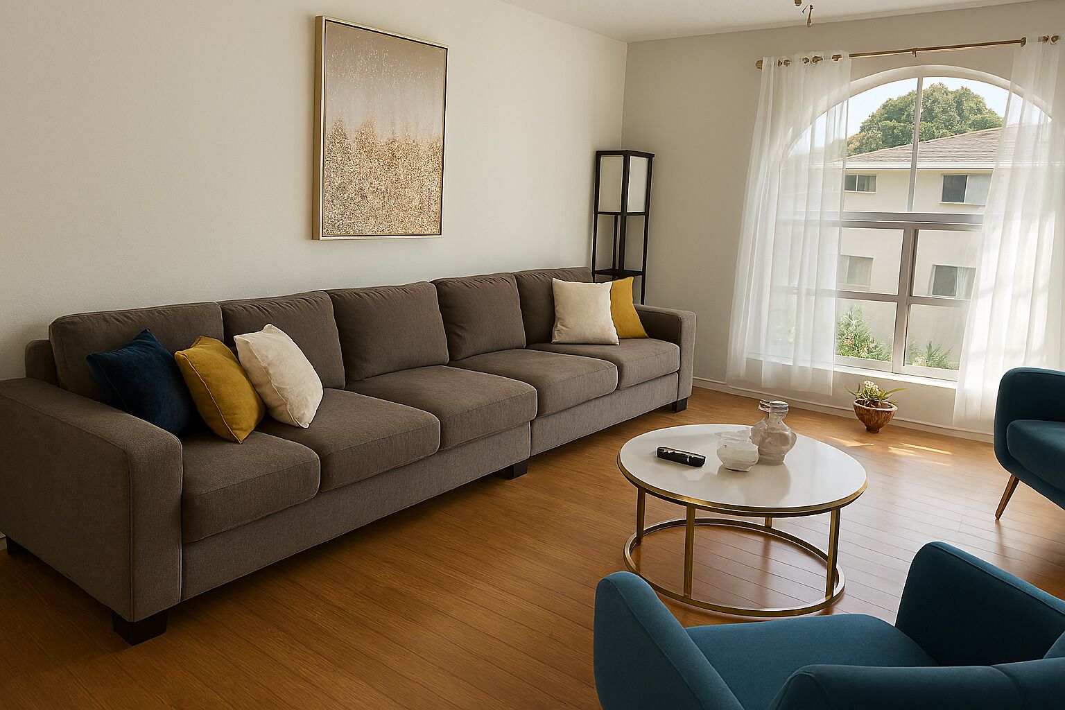 Sala de estar com sofá, mesa de centro e duas poltronas. Há uma janela com vista para edifícios e uma planta no parapeito.