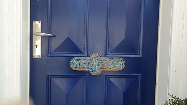 A blue door with a metal handle and a decorative metal plate.