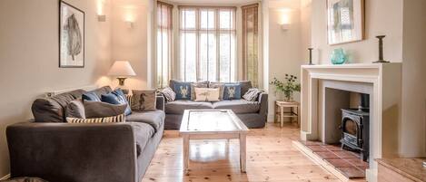 Televisión, chimenea, estéreo