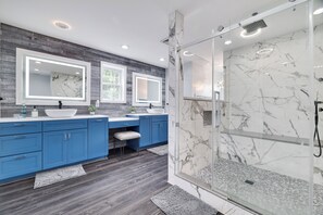 Shower, hair dryer, towels, soap