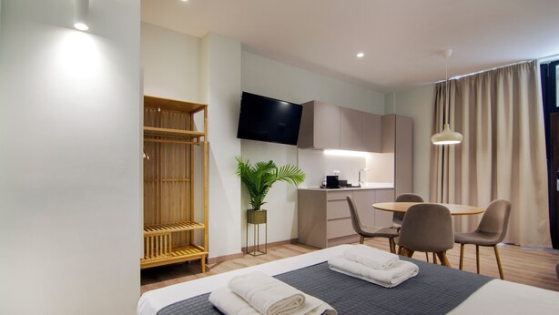 Una habitación de hotel con cama, escritorio, silla, televisor y una planta.