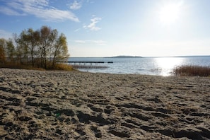 A sandy beach with a pier extending into calm water, surrounded by trees and a clear sky.
