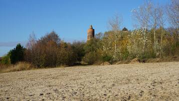 A sandy beach with a tower and trees in the background.