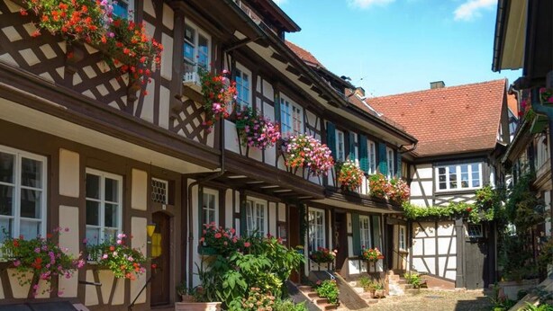 A traditional half-timbered building with flower boxes and potted plants. - Mercyscher Hof Apartment, 70 sqm, 2 Bedrooms, 1 Living Room, up to 6 Guests (Gengenbach)