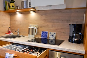 Frigorífico, microondas, placa de cocina y lavavajillas