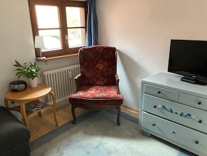 Una stanza con una poltrona a motivi floreali, un tavolino in legno con una pianta, un termosifone, una televisione su una cassettiera e una finestra con tende.