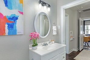 Eco-friendly toiletries, hair dryer, towels, soap
