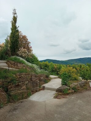 A stone pathway leading to a garden with a variety of plants and a view of distant hills. - Single-Storey House for 6 Guests in Parc du Pilat with Terrace and Parking (La Valla-en-Gier)