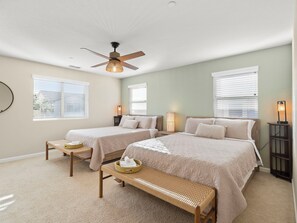 3 bedrooms, desk, iron/ironing board, travel cot