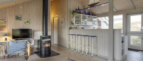 Een televisie, een open haard en een dvd-speler