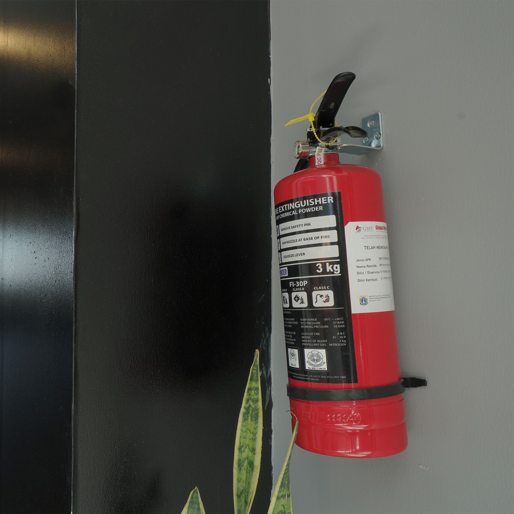 A red fire extinguisher mounted on a wall.