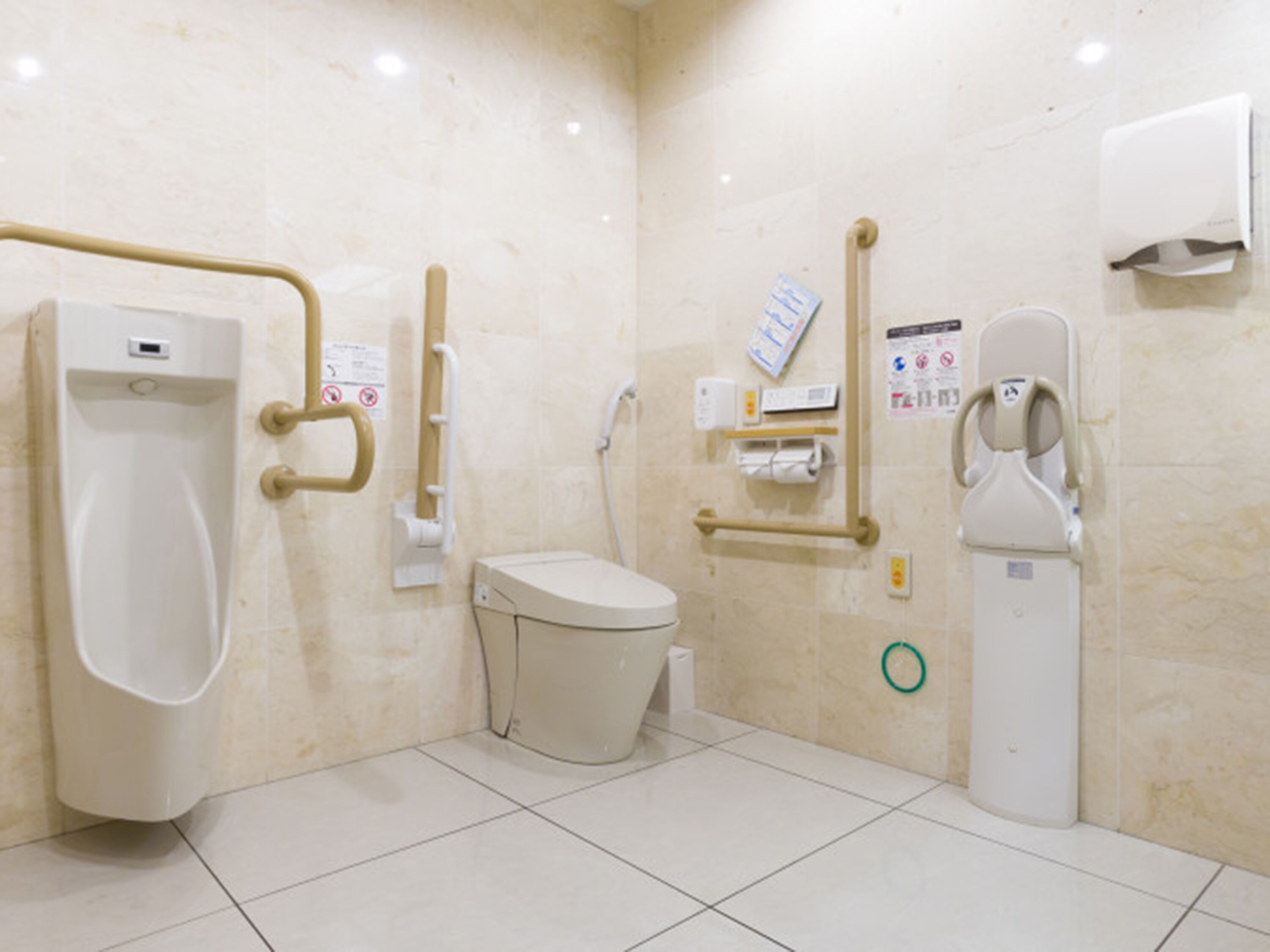 A men's restroom with a urinal, toilet, handrails, and a soap dispenser.