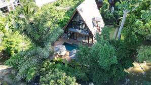 Une maison moderne dotée d’une piscine, le tout entouré d’une végétation luxuriante.