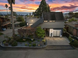 A modern two-story house with a garage, surrounded by a landscaped garden with various plants and a palm tree.