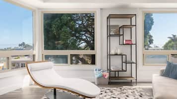 TV, fireplace, books, offices
