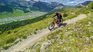 A mountain biker on a dirt trail with a view of a valley and mountains in the background. - Wood House Livigno Ski in - Ski out 10m (Livigno)