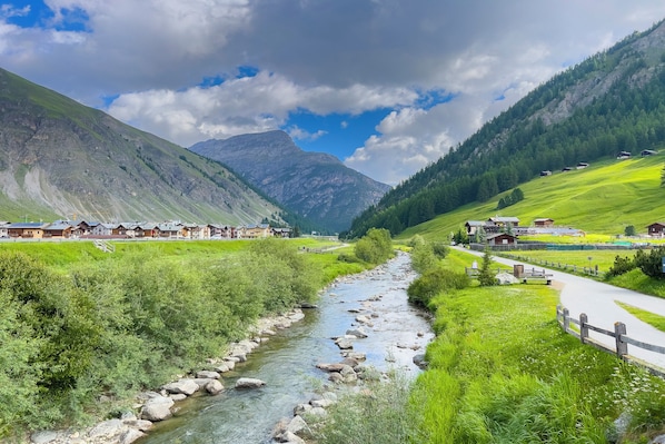 Um rio serpenteia por um vale com casas nas margens, cercado por montanhas.