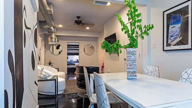 A modern dining area with a white table, patterned chairs, a potted plant, and a framed picture on the wall.