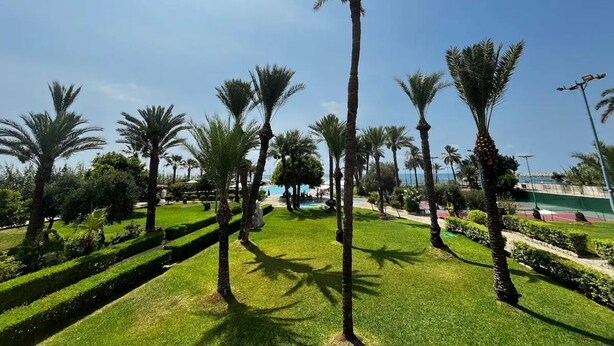Un jardin bien entretenu, agrémenté de palmiers et de pelouses parfaitement taillées, qui fait probablement partie d’un complexe hôtelier ou d’un établissement touristique.